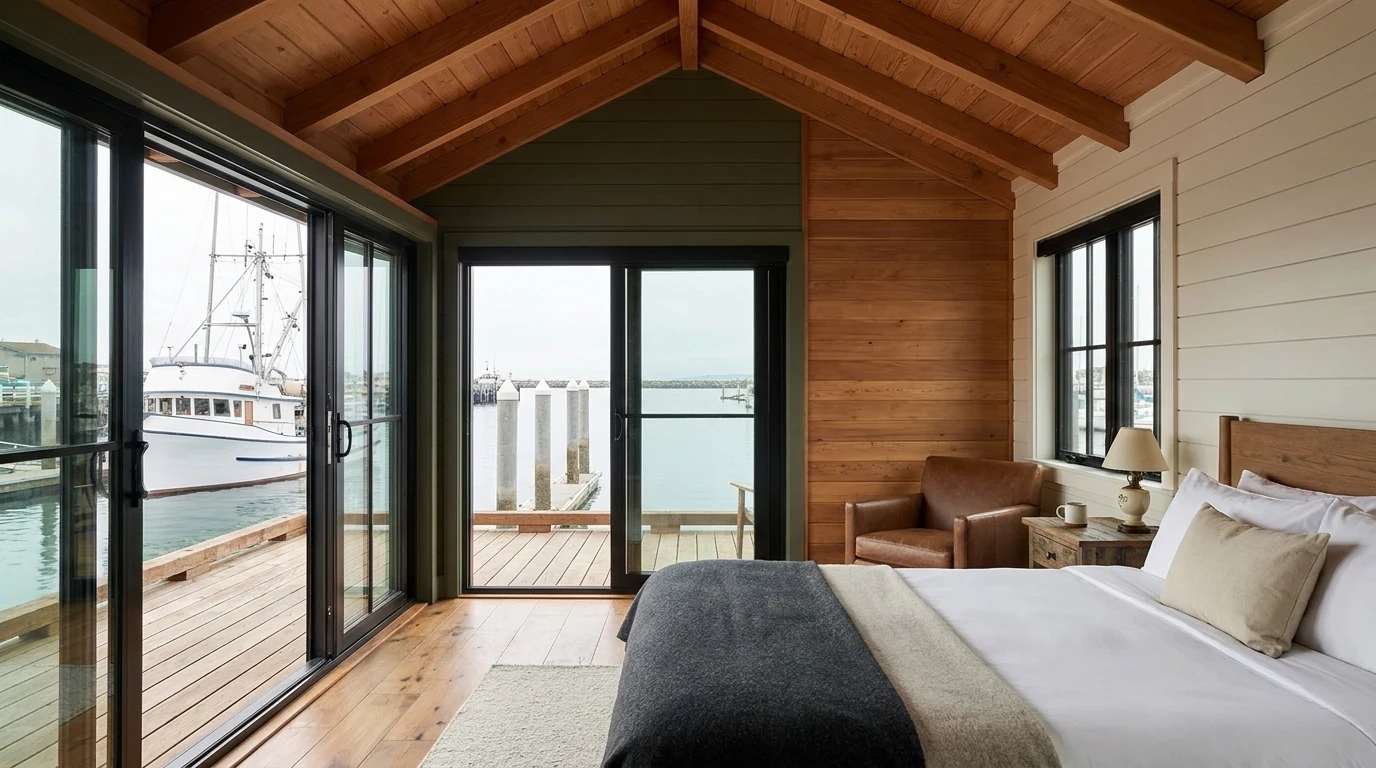 The Fisherman's Quarters at Bayside Landing & Suites, a heritage-styled suite alongside the wharf with a moored fishing trawler outside