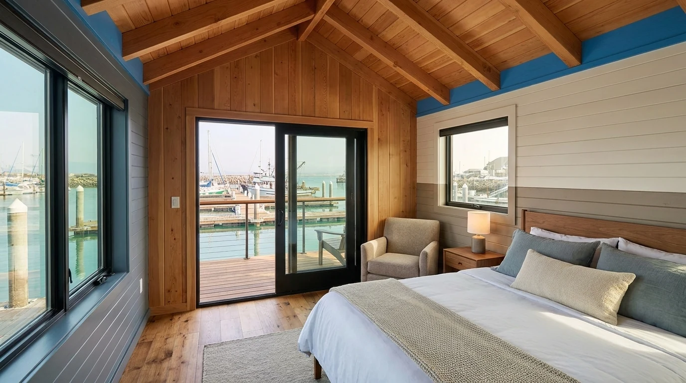 The Harbor Room at Bayside Landing & Suites, overlooking the floating docks and moored fishing boats in Morro Bay harbour
