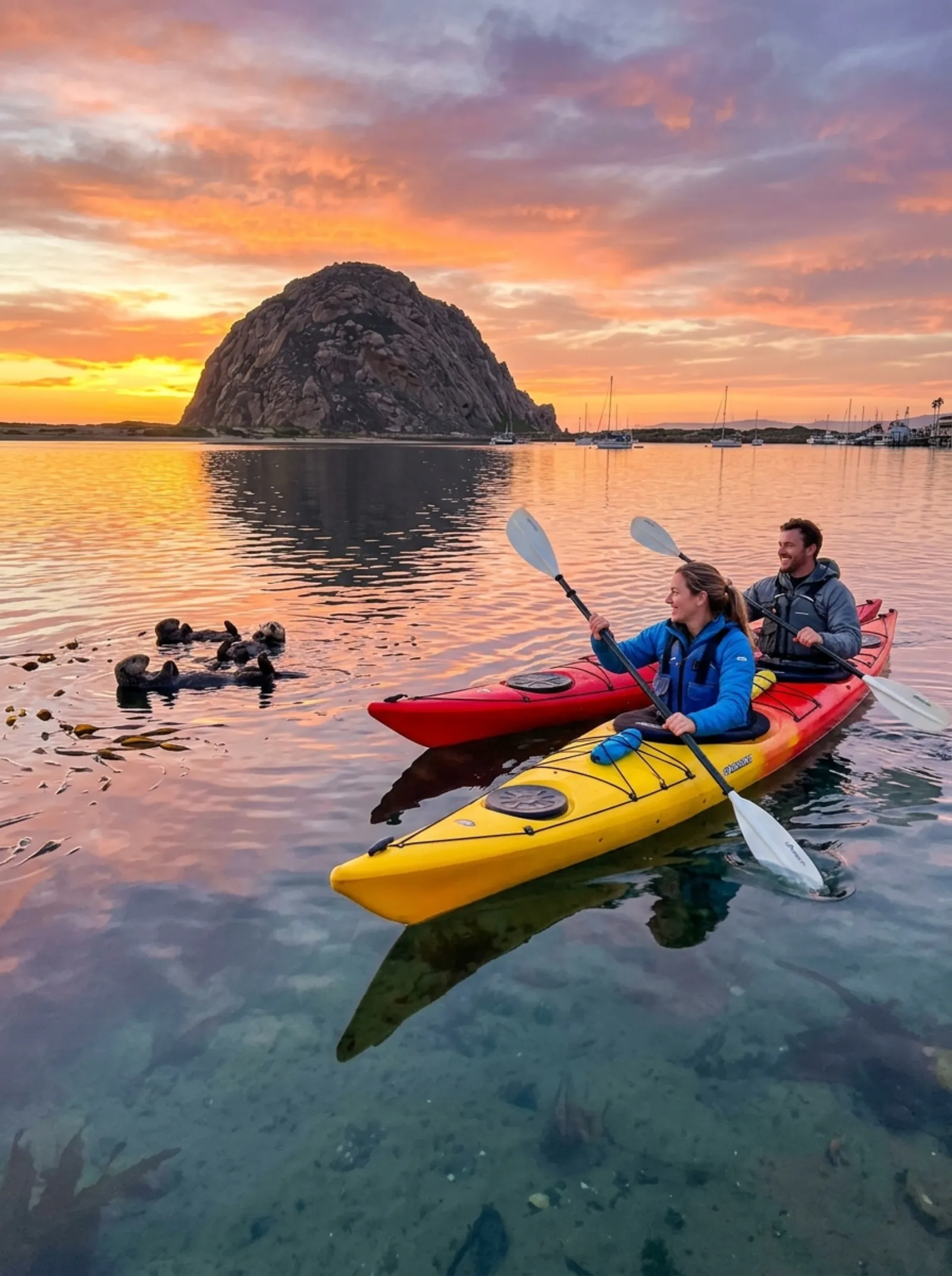 Kayakers paddling the calm, sheltered water of the Morro Bay estuary