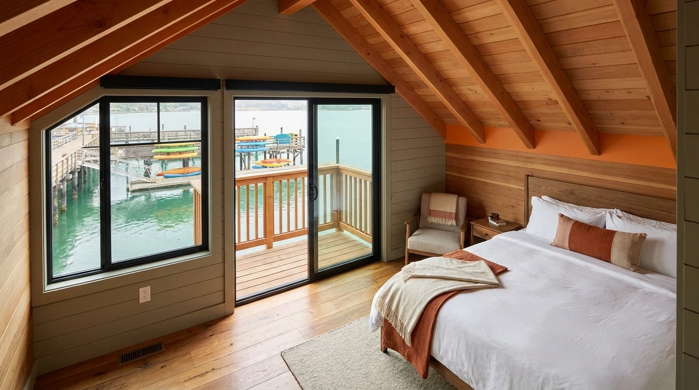 The Kayaker's Loft at Bayside Landing & Suites, an upper-level suite with steeply vaulted rafters overlooking the floating docks and kayaks