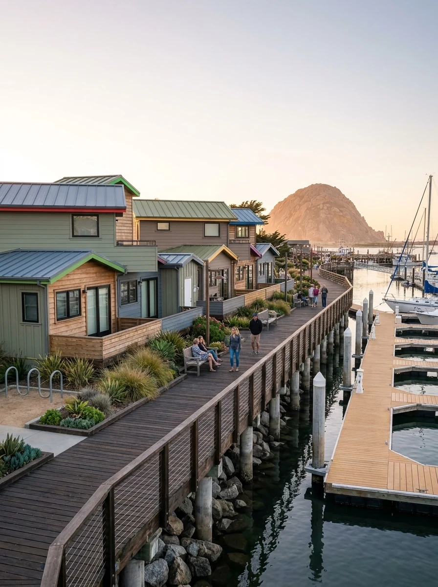 The public harborwalk at Bayside Landing & Suites running past the guest cottages toward Morro Rock