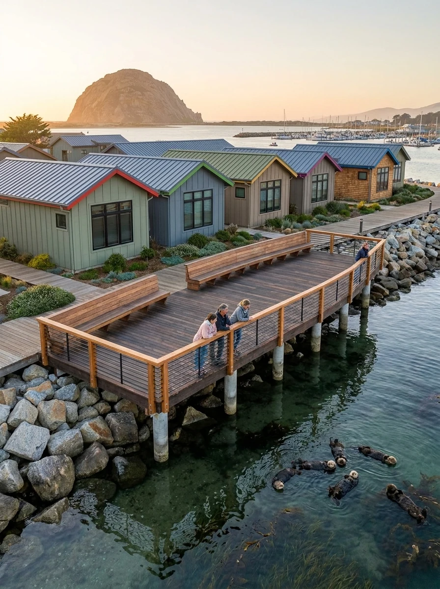 The public observation deck at Bayside Landing & Suites in Morro Bay, with visitors at the cable rail watching sea otters raft in the eelgrass below