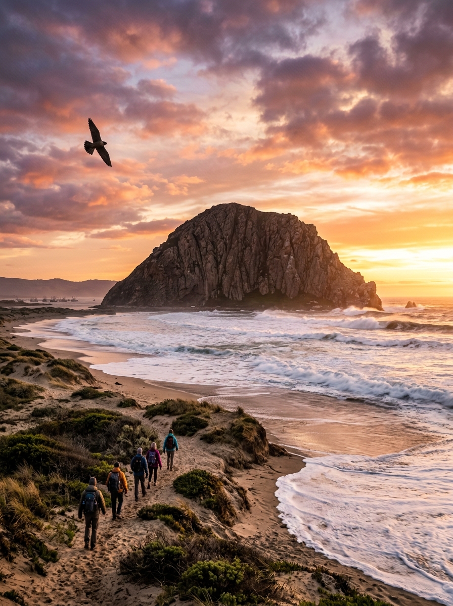 Morro Rock rising above the harbour at sunset in Morro Bay, California