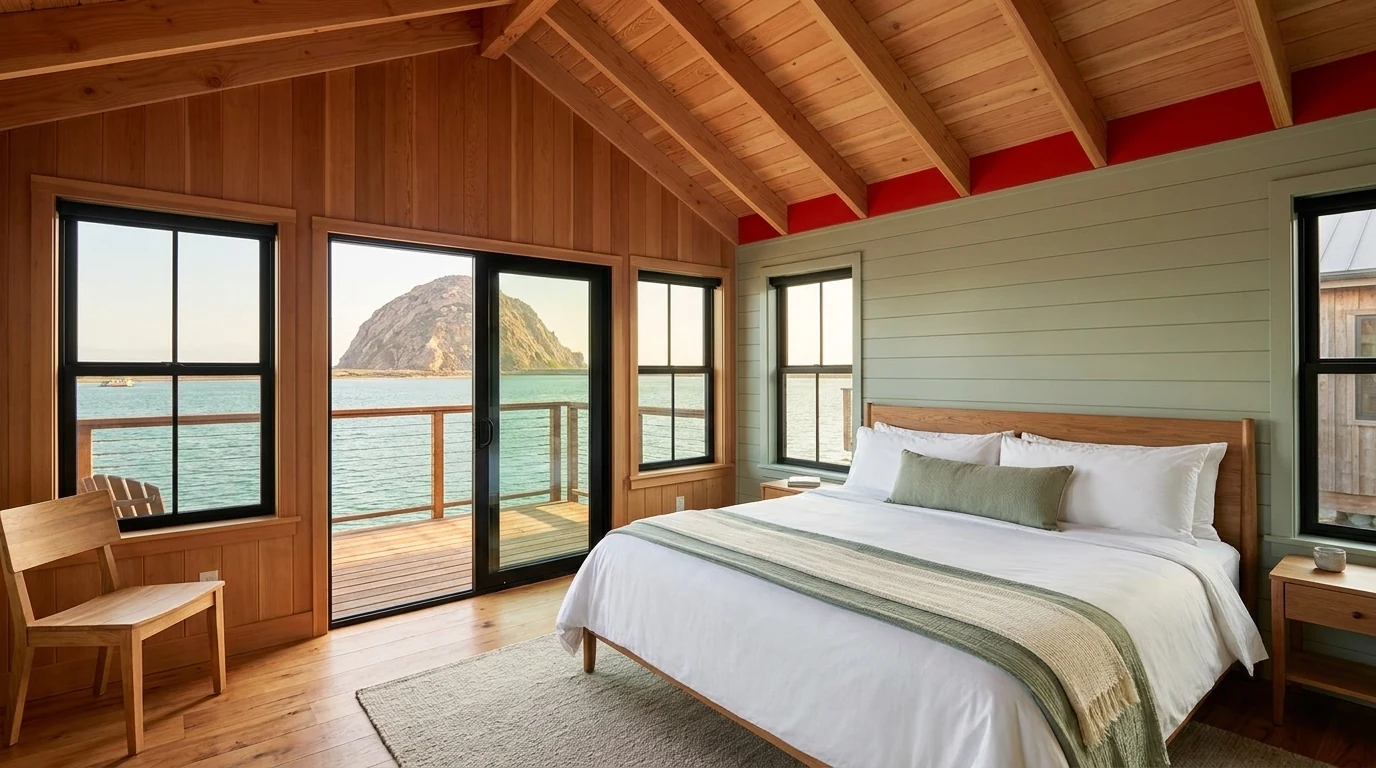 The Morro Rock Suite at Bayside Landing & Suites, with Morro Rock framed through black-framed sliding doors and a vaulted cedar rafter ceiling