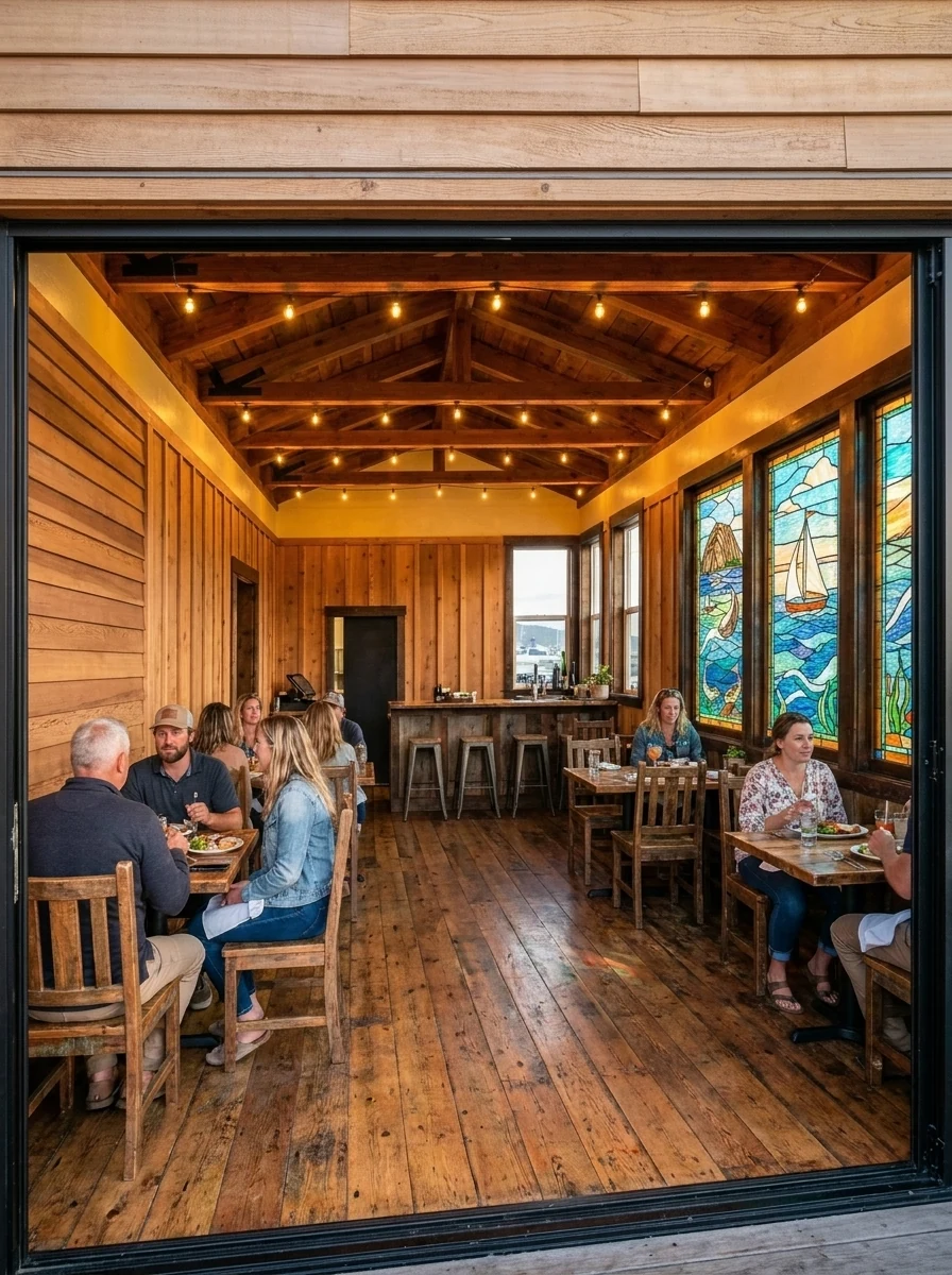 Reggie's Place restaurant at Bayside Landing & Suites — an intimate cedar-lined dining room with stained glass, opening onto the waterfront deck