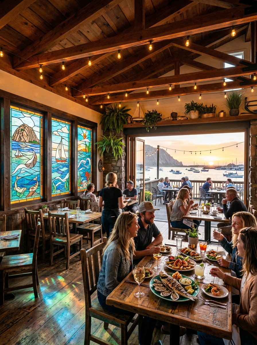 Reggie's Place restaurant interior with stained glass windows and waterfront dining