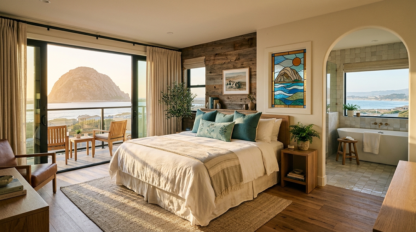 The Morro Rock Suite - signature suite with bay views and stained glass