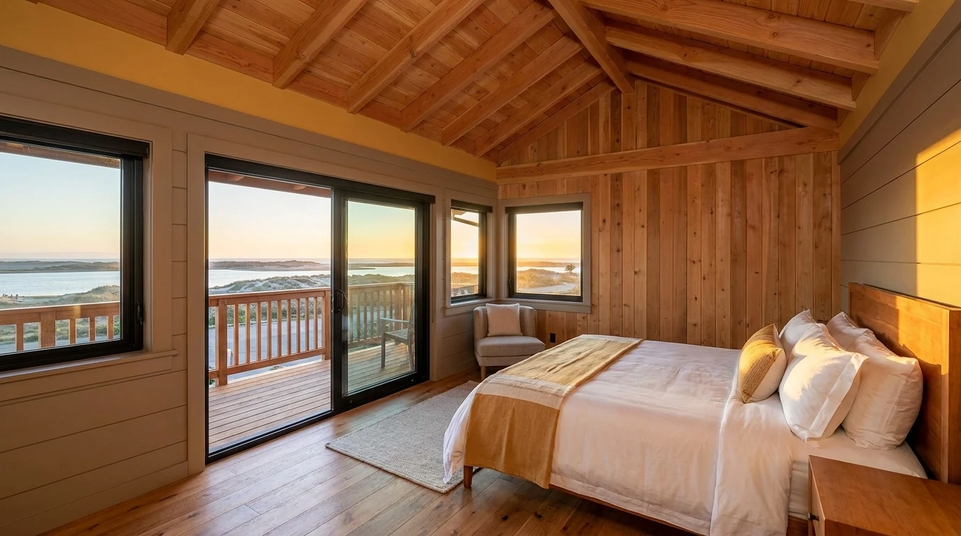 The Sunset Room at Bayside Landing & Suites, with west-facing glazing framing a Morro Bay sunset over the sandspit