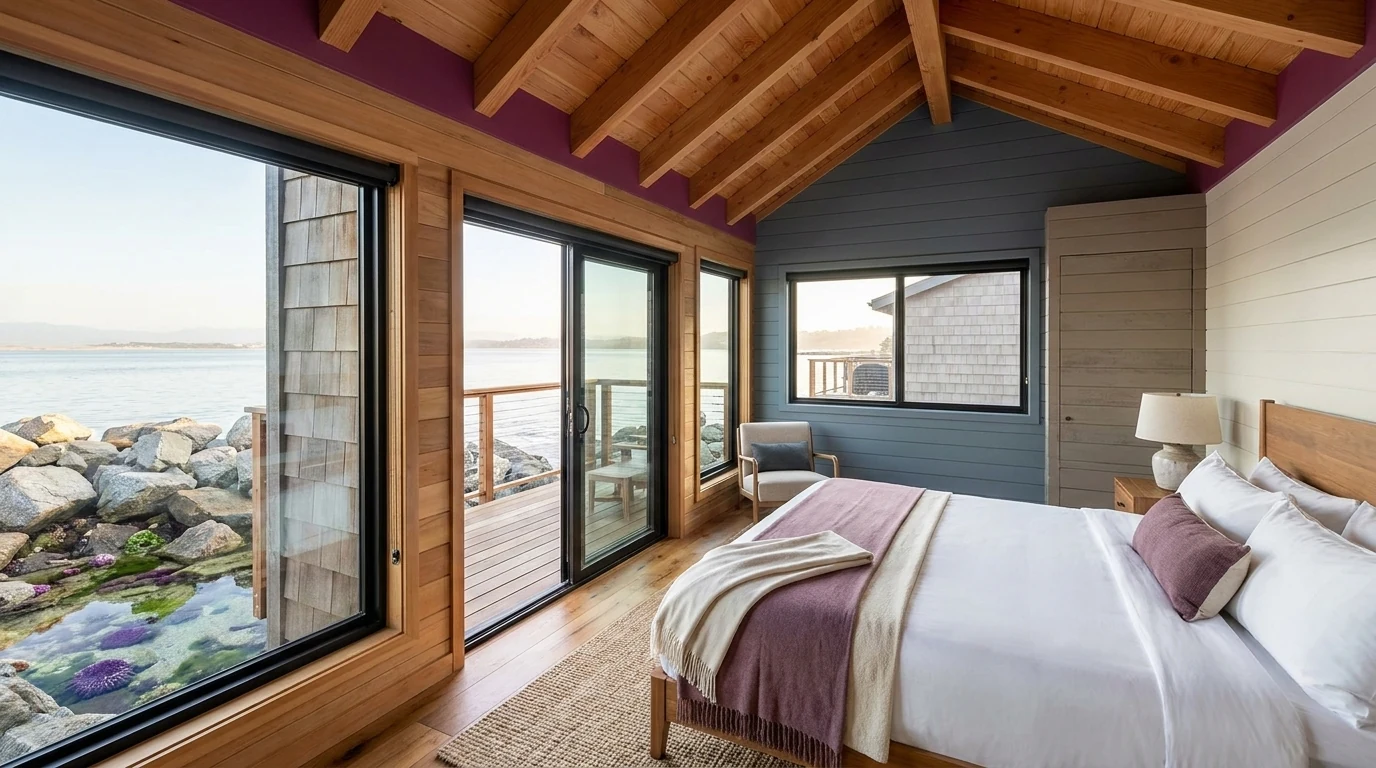 The Tidepool Room at Bayside Landing & Suites, with level access onto the pocket park and granite riprap tidepools below the deck